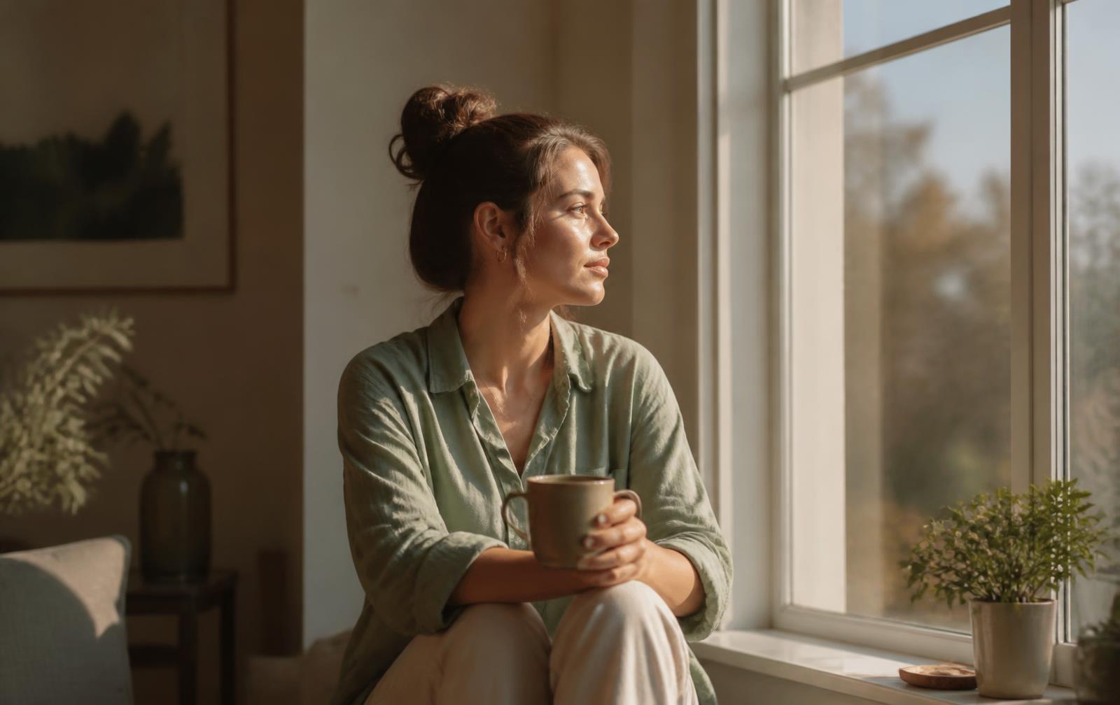 A person sitting quietly by a window with a warm mug, reflecting